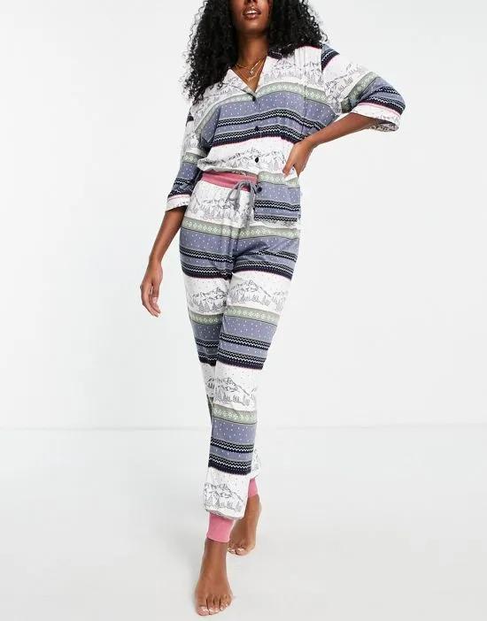 button through pajama set in mountain fairisle print