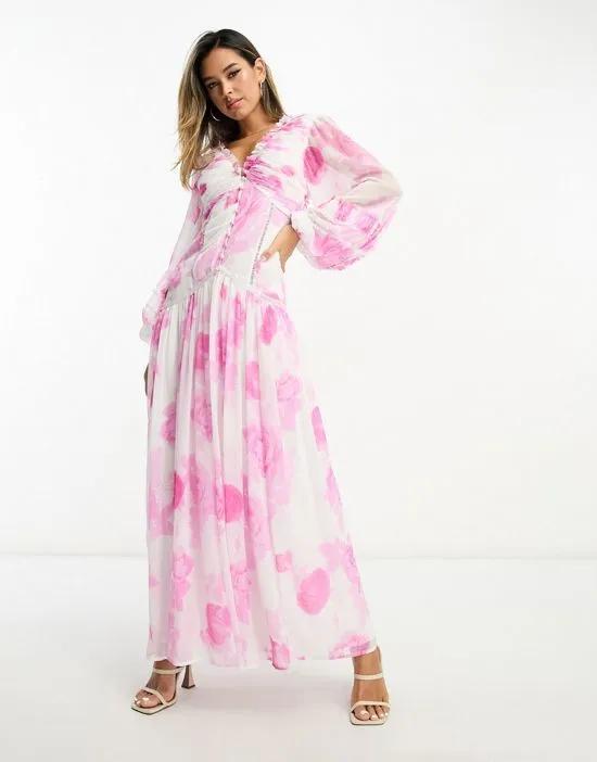 button through pintuck maxi dress with lace inserts in large pink floral print