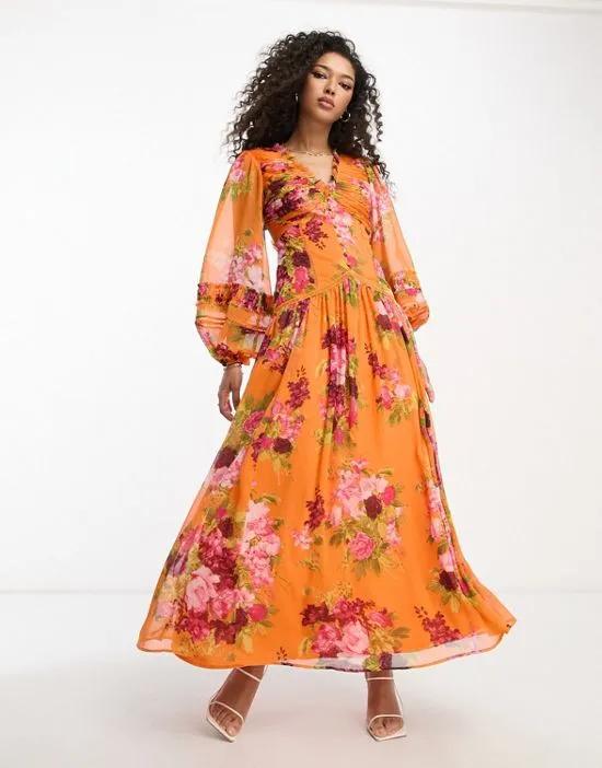 button through pintuck maxi dress with lace inserts in orange floral print