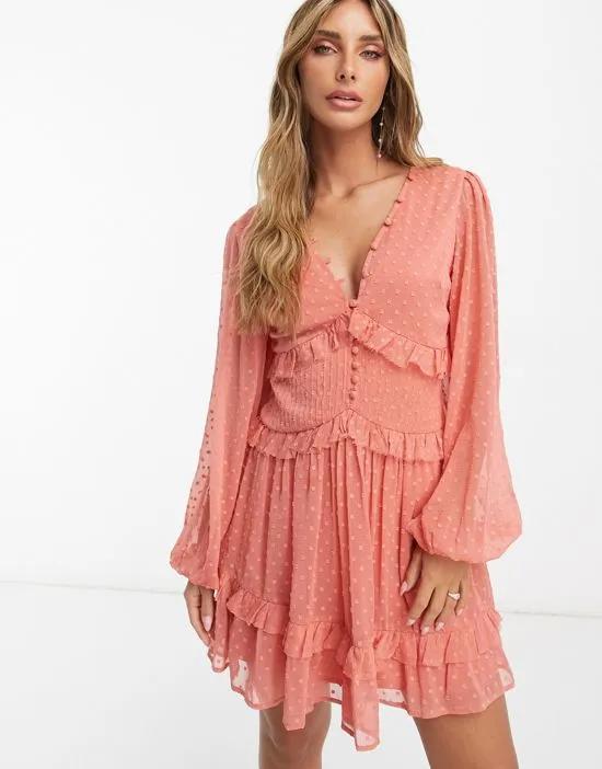 button through pintuck mini textured dress in deep rose