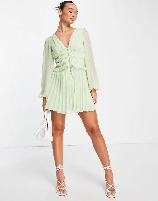 button through ruched waist pleated mini dress in metallic texture in soft green