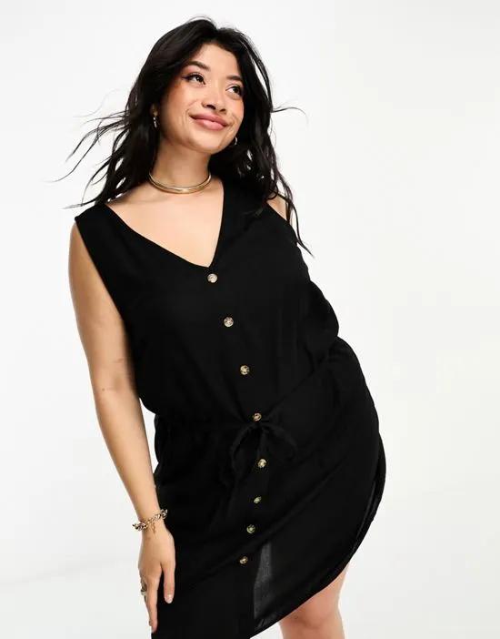 button through sleeveless mini dress in black