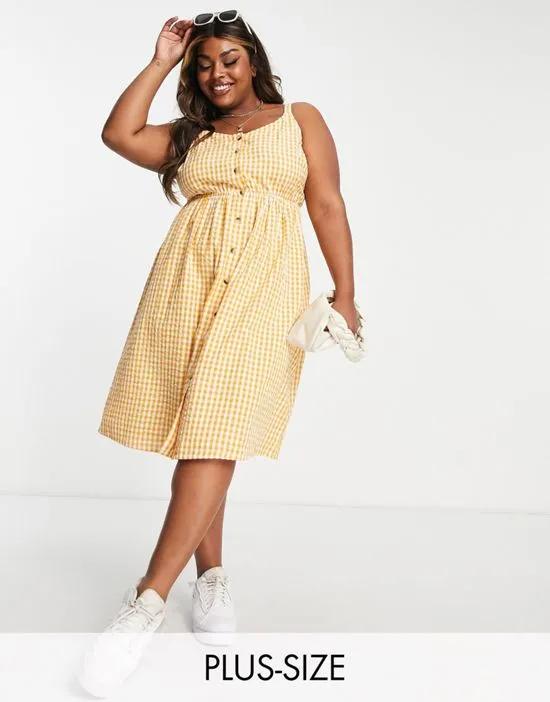 button through strappy midi dress in yellow gingham