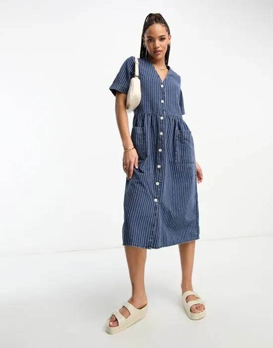 button up denim midi dress in blue with white stripes