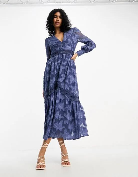 button up maxi shirt dress with lace inserts in washed navy