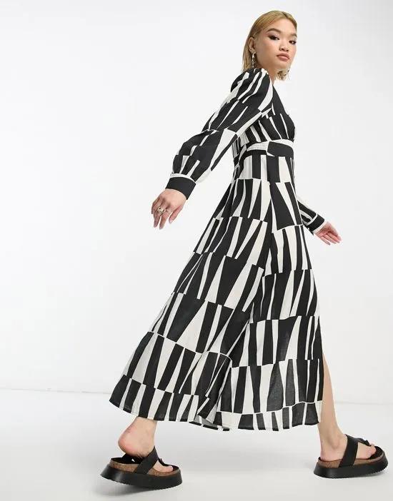button up midi dress in monochrome abstract print