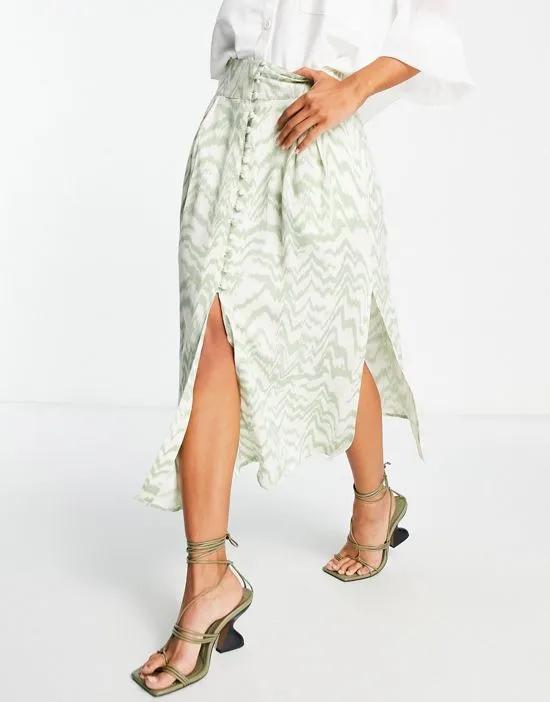 button up midi skirt with slit in sage and white zebra print