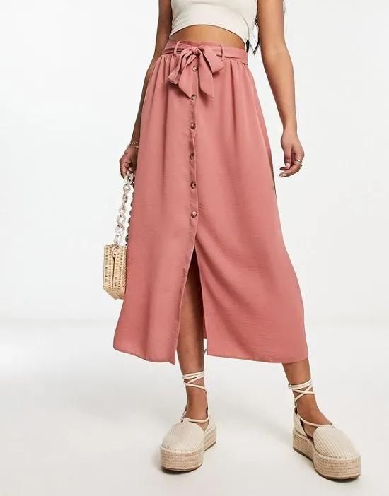 button up midi skirt with tie waist in pink