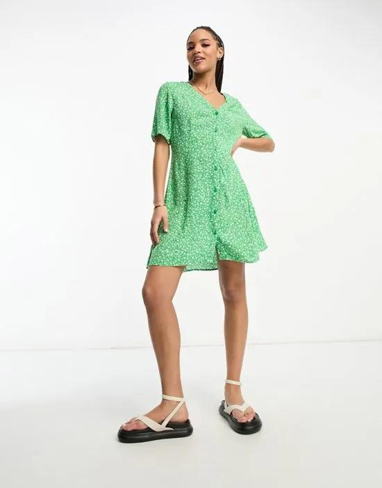 button up mini dress in green meadow floral