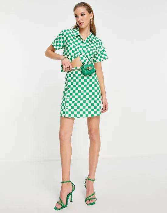button up mini skirt in bold green checkerboard