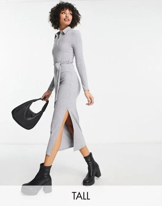 button up ribbed midi dress in gray