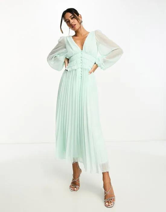 button up ruched waist pleated midi dress in metallic texture in pale green