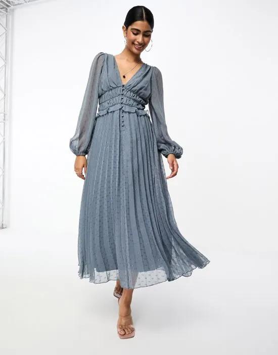 button up ruched waist pleated midi dress in metallic texture in silver gray