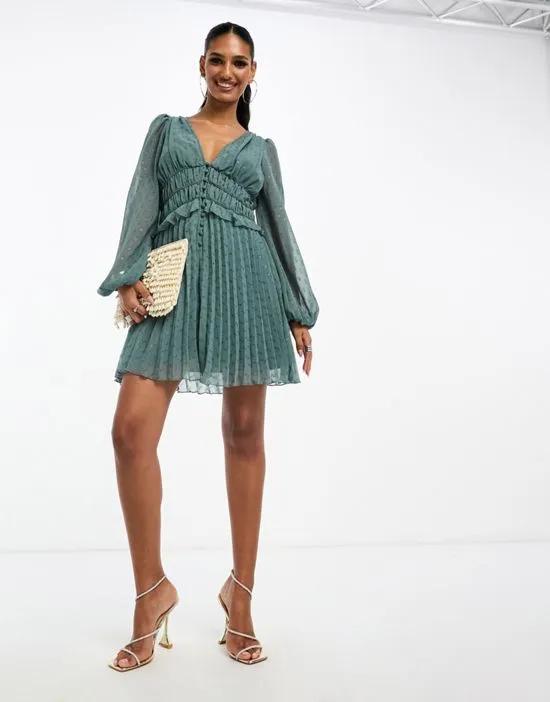 button up ruched waist pleated mini dress in metallic texture in soft khaki
