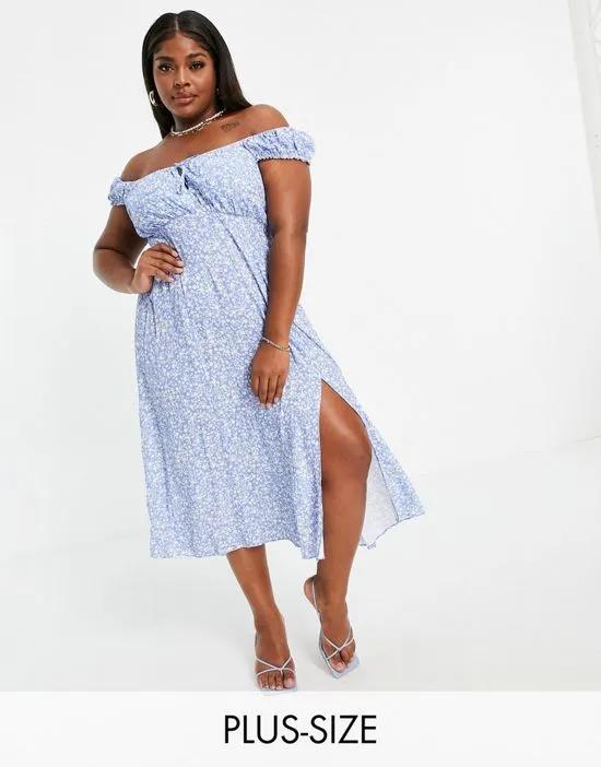 button-up square neck 90s midi dress with slit in blue ditsy floral