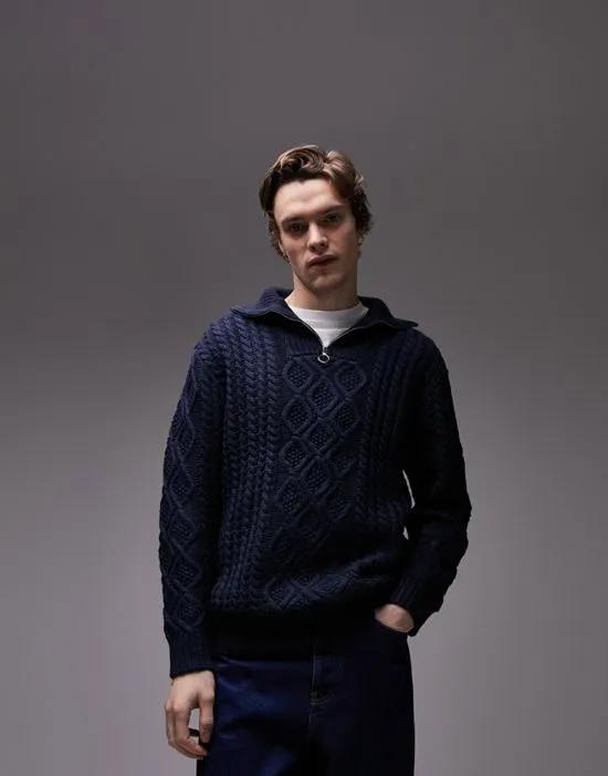 cable knit 1/4 zip sweater in navy