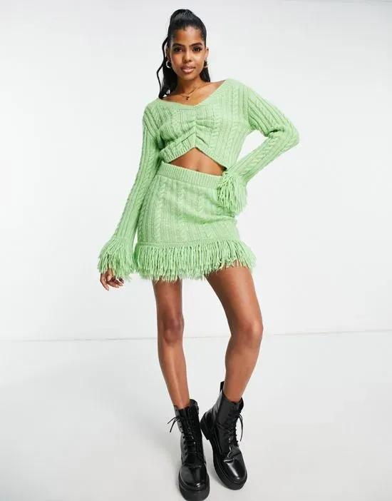 cable knit fringe mini skirt in green - part of a set