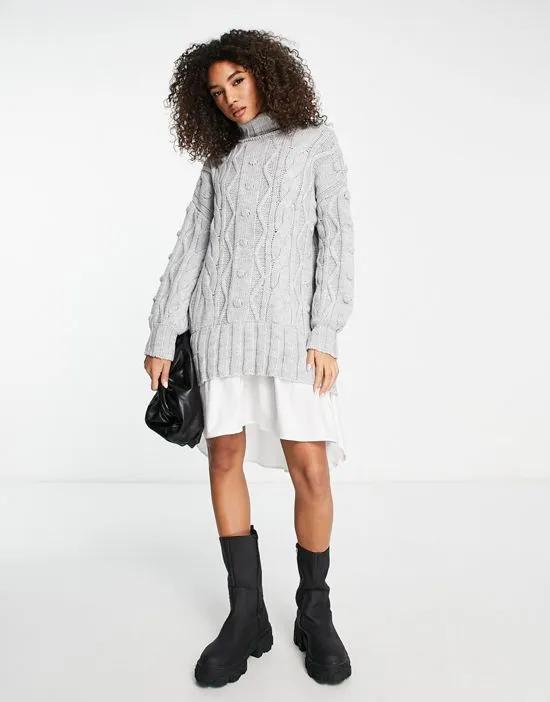 cable knit hybrid sweater mini dress in gray