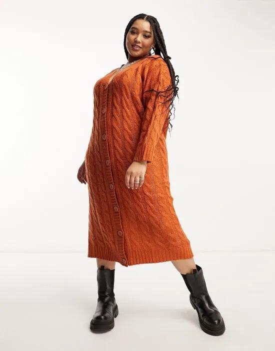 cable knit maxi cardigan dress in rust