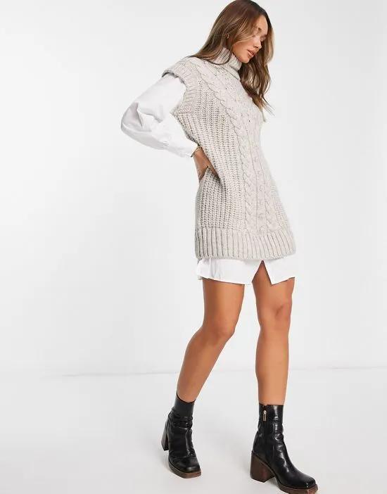 cable knit roll neck hybrid sweater mini dress in beige