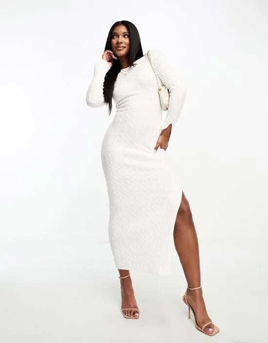 cable knit side split maxi sweater dress in cream
