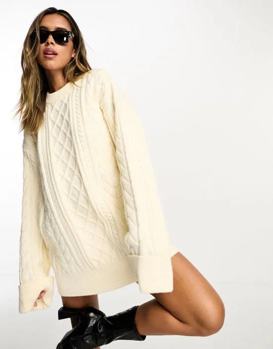 cable knit wool mix mini sweater dress in cream