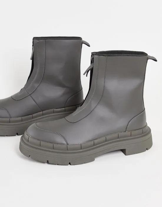 calf boot with zip detail in charcoal faux leather