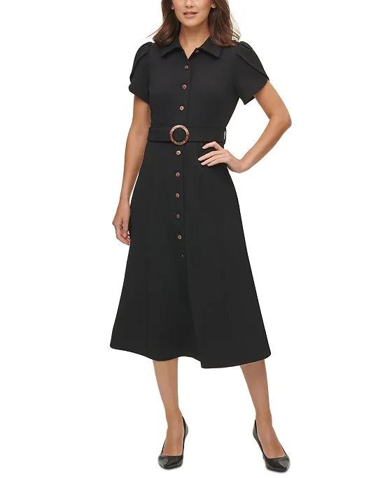 Calvin Klein Puff-Sleeve Belted Midi Dress