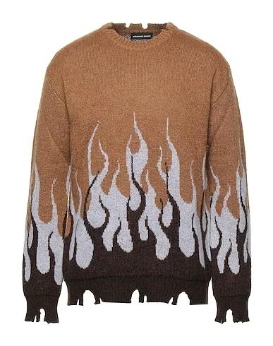 Camel Knitted Sweater BROWN JUMPER WITH BEIGE DOUBLE FLAMES

