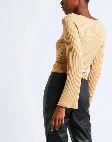 Camel Knitted Sweater RIBBED KNOT-DETAIL STRETCHY TOP
