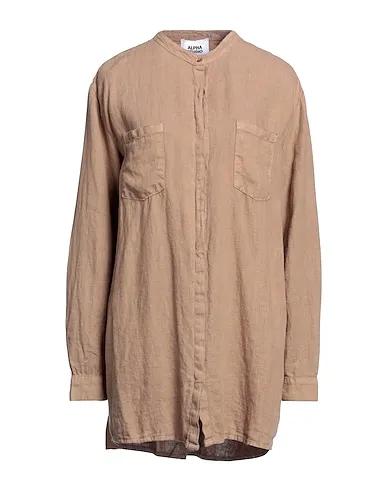 Camel Plain weave Linen shirt