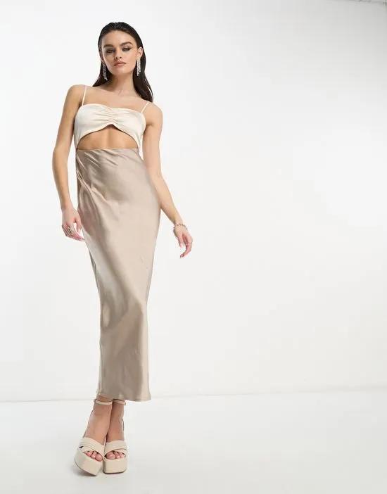 cami contrast satin maxi cut out dress in taupe