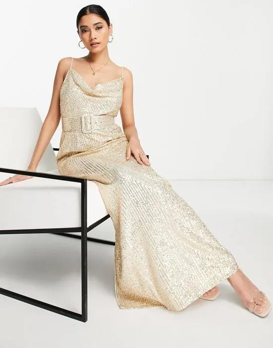 cami embellished maxi dress with a belt in gold