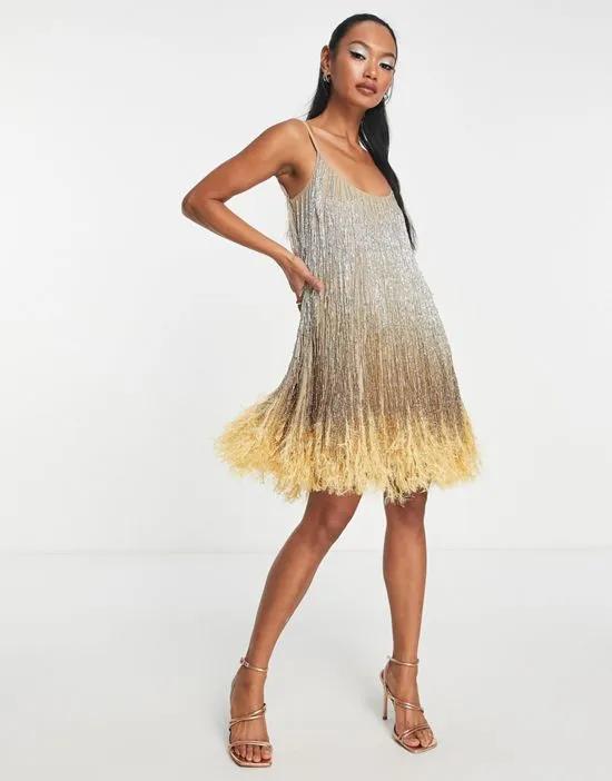 cami embellished mini dress with beaded fringe and fluffy hem in ombre