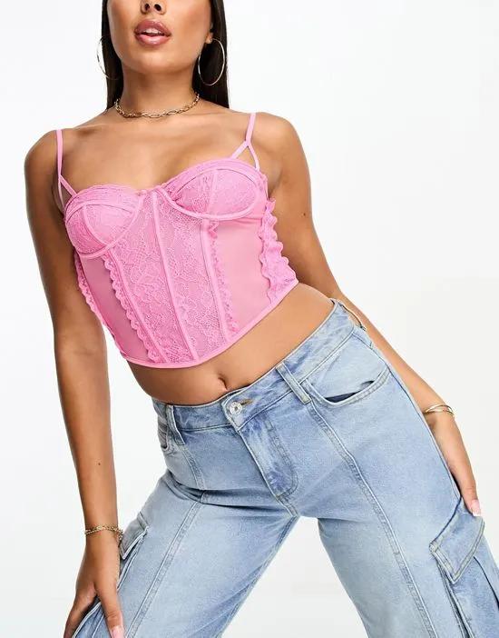 cami lace longline corset top in pink