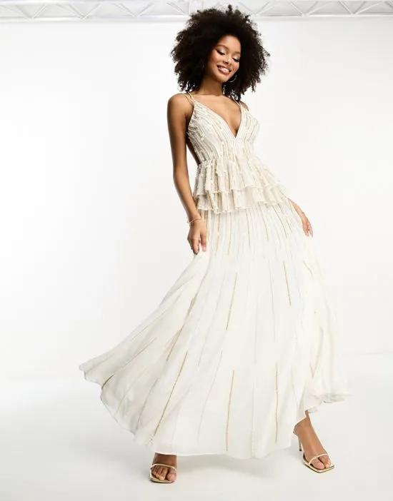 cami maxi dress with floral embellishment and tiered peplum in white