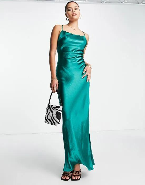 cami maxi slip dress in high shine satin with lace up back in green