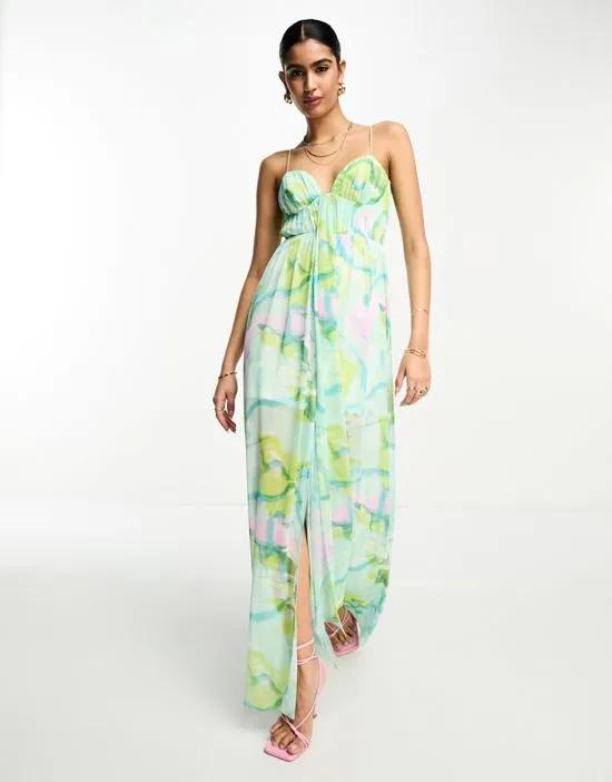 cami mesh maxi dress with sash in blue smudge floral print