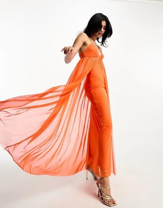 cami mesh overlay skater maxi dress in orange