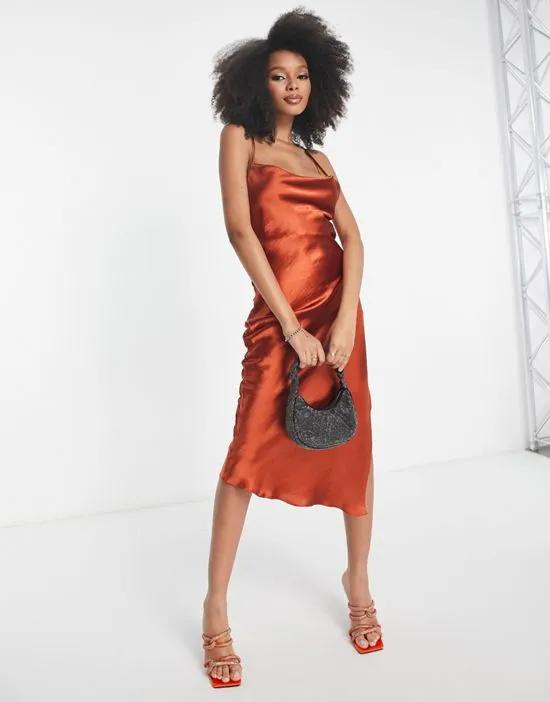cami midi slip dress in hi-shine satin with lace up back in rust