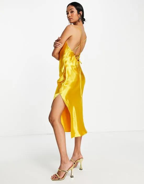 cami midi slip dress in high shine satin with lace up back
