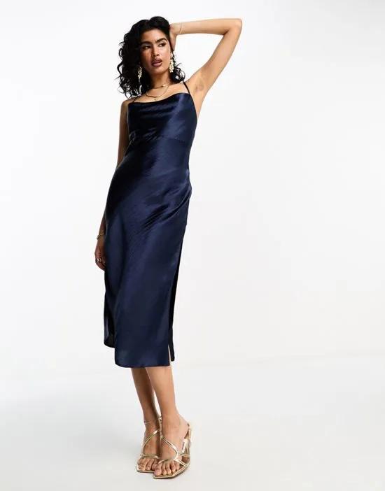 cami midi slip dress in high shine satin with lace up back in navy