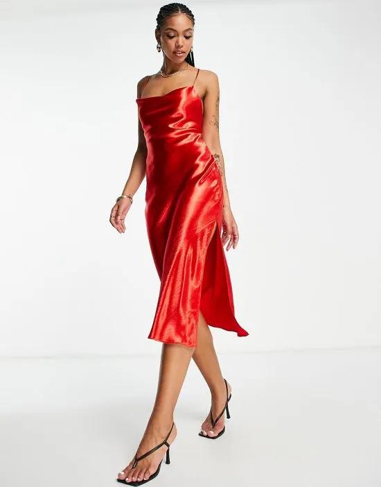 cami midi slip dress in high shine satin with lace-up back in red