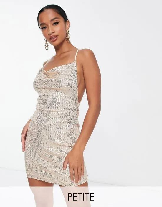 cami strap cowl front sequin embellished mini dress in champagne
