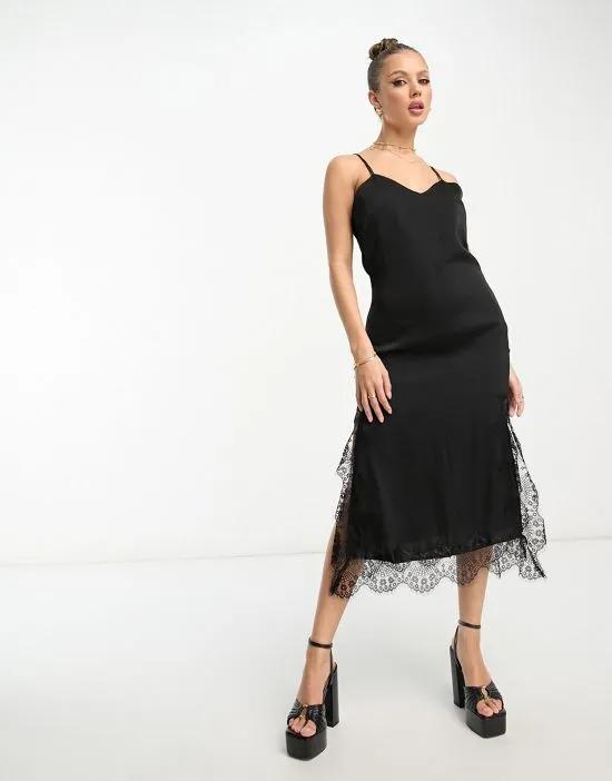 cami strap midi dress with lace trim in black
