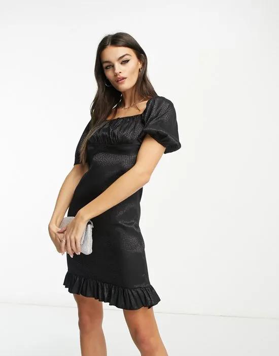 cami strap ruched front mini dress in black animal jacquard