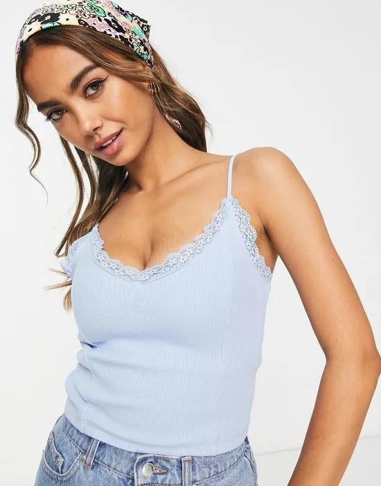 cami top with lace trim in blue