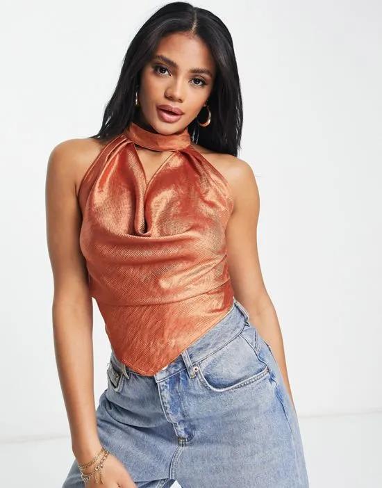 cami with cowl neck and open back in orange