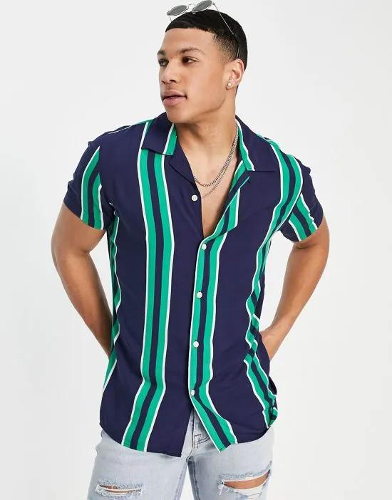 camp collar shirt in navy and green vertical stripes