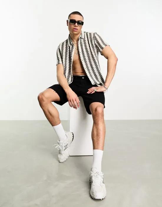 camp collar striped knit shirt in ecru